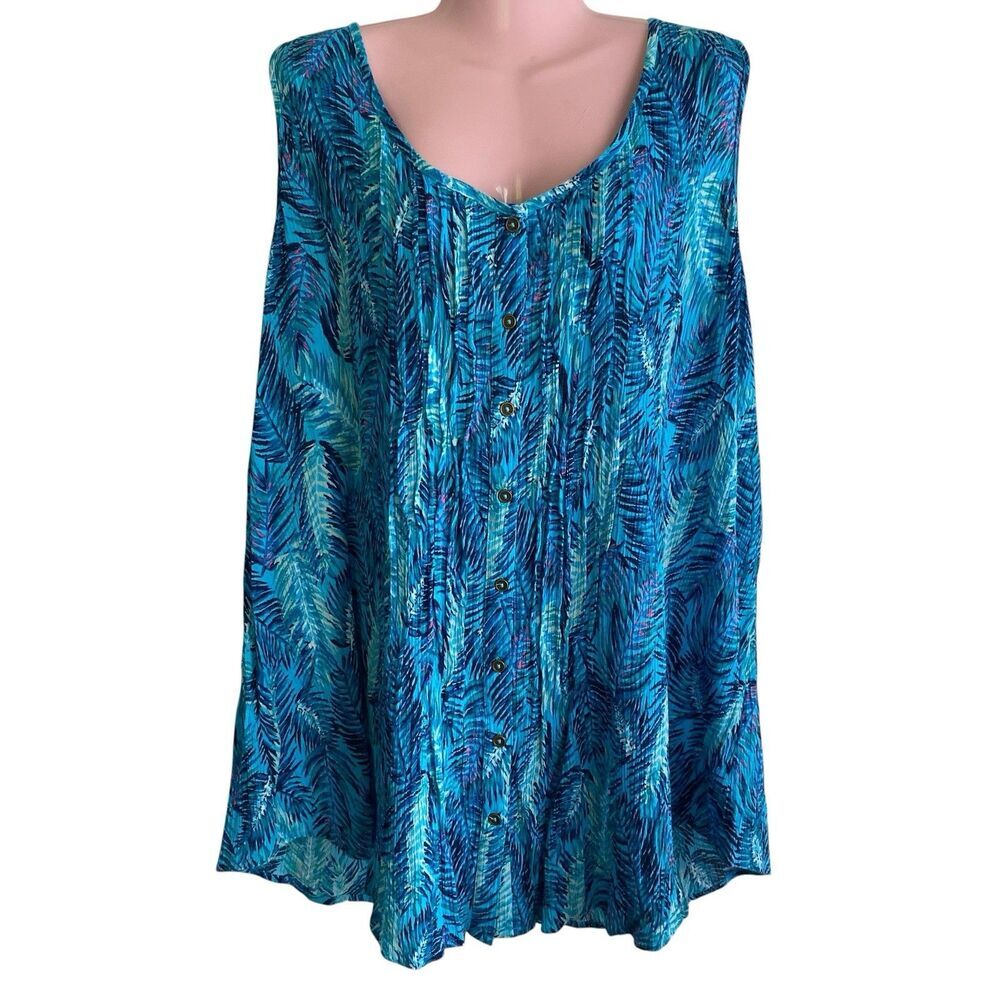 Woman Within Tank Top 2XL 26/28 Blue Tropical Palm Print Pintuck Cotton Tunic